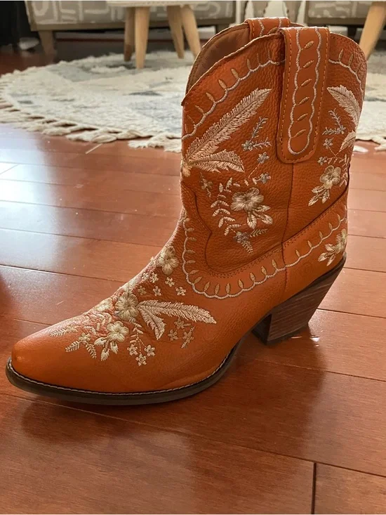 W9.5 Dingo Primrose Embroidered Ankle Boots, Burnt Orange - Picture 4 of 9